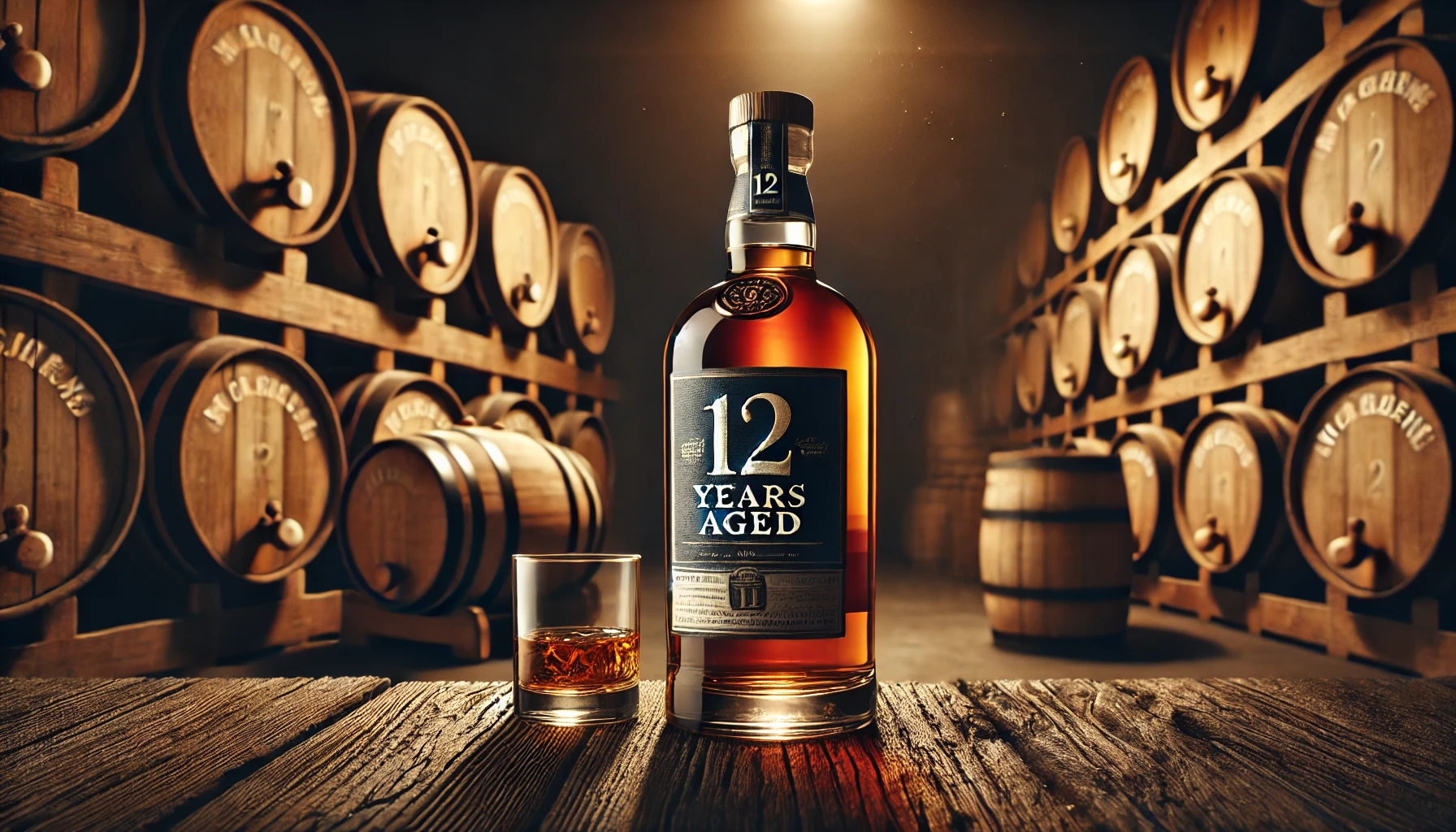 A sleek whiskey bottle with a label indicating '12 years aged,' set on a rustic wooden table. The bottle is surrounded by aging barrels in a dimly lit distillery, emphasizing a sense of tradition and craft. The atmosphere is warm with soft, golden lighting.