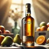 A premium whiskey bottle on a table with a backdrop of fruit, highlighting its smooth and fruity aroma. The bottle is sleek and modern with a golden label. In the background, there is soft natural light filtering through, emphasizing the vibrant fruits like oranges and pears.