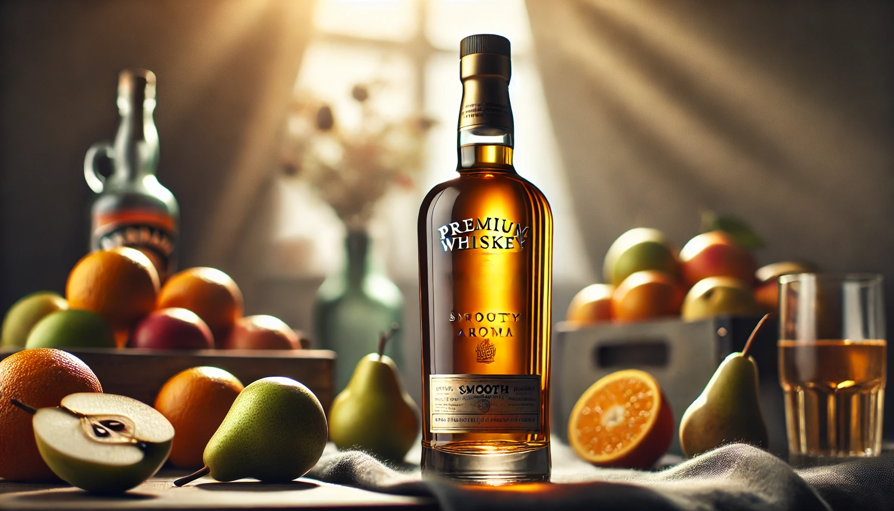 A premium whiskey bottle on a table with a backdrop of fruit, highlighting its smooth and fruity aroma. The bottle is sleek and modern with a golden label. In the background, there is soft natural light filtering through, emphasizing the vibrant fruits like oranges and pears.