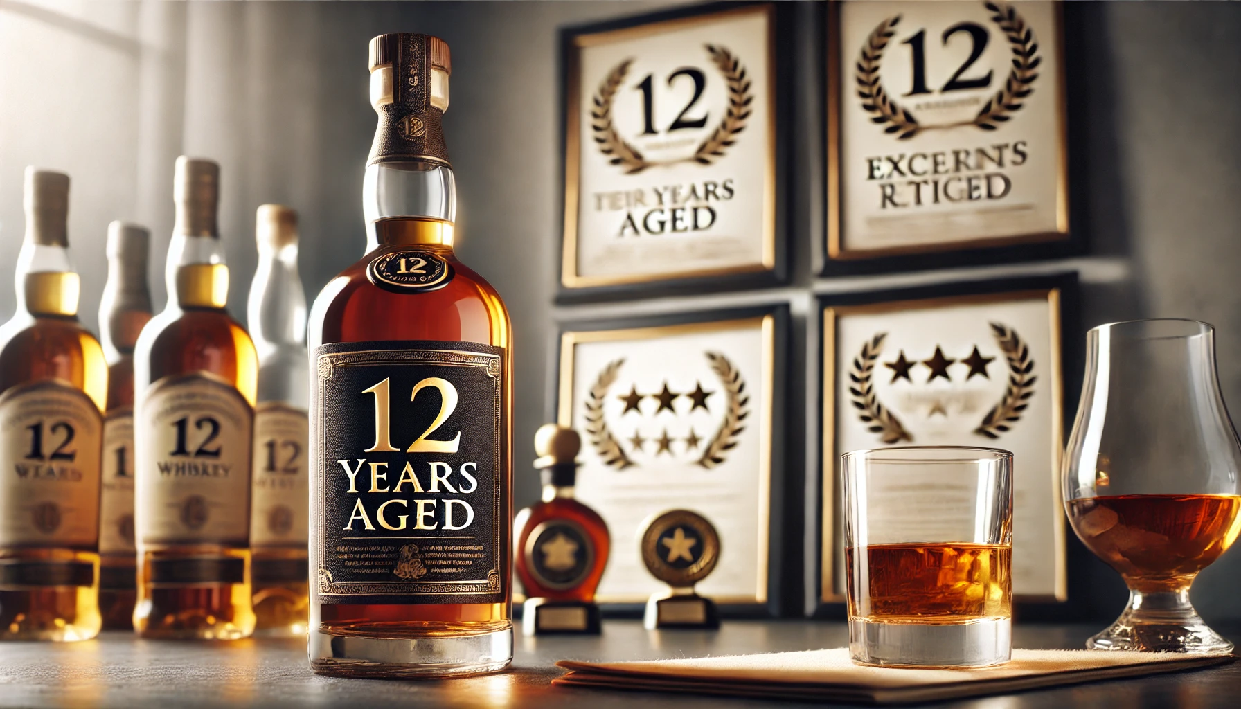 A whiskey bottle labeled '12 years aged' placed on a table with various awards and certificates in the background, highlighting its high ratings and excellent reviews. The setting is elegant, with soft lighting and a refined atmosphere.