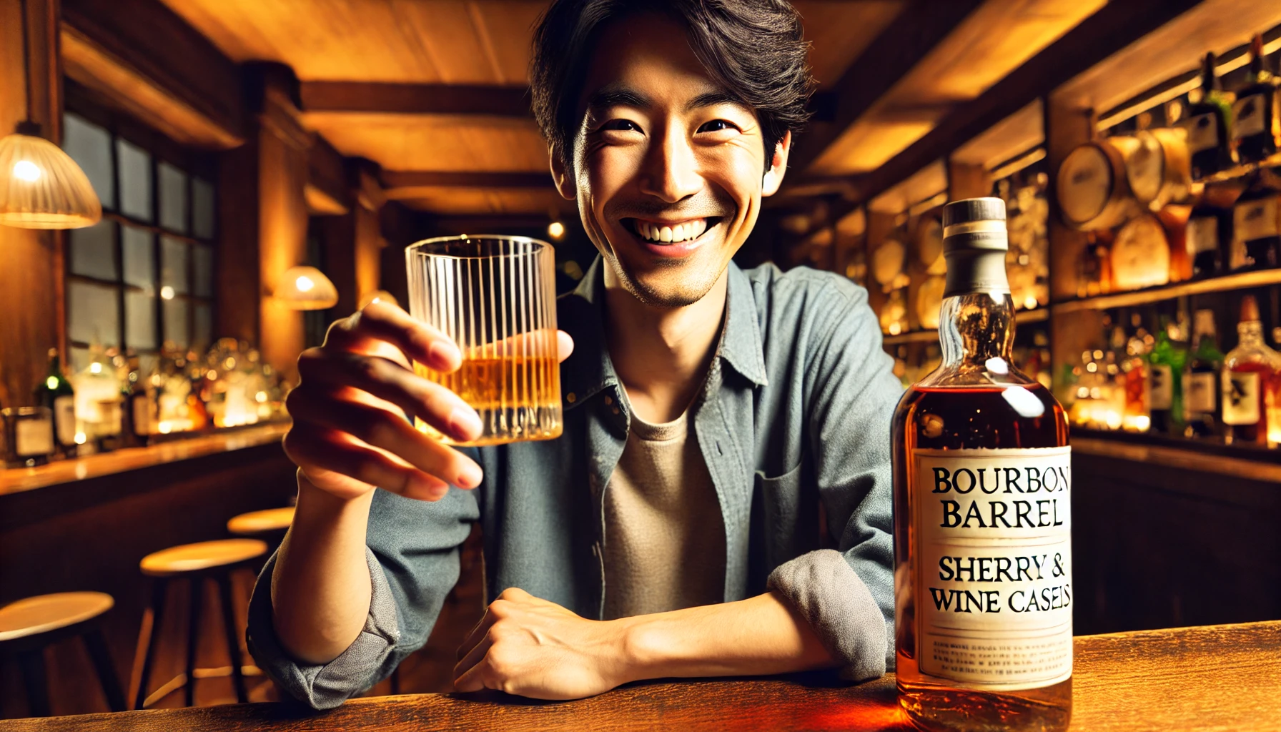 A happy Japanese man holding a glass of whiskey, enjoying the drink with a smile. The whiskey bottle in front of him is labeled 'Bourbon Barrel, Sherry and Wine Casks'. The setting is warm and cozy, in a stylish bar with ambient lighting and wood-paneled walls, creating a relaxed and celebratory atmosphere.