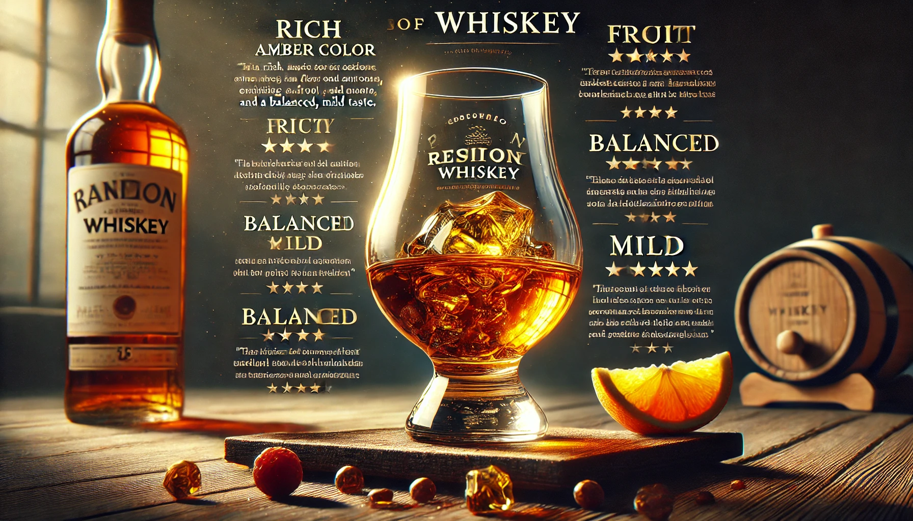 A glass of whiskey with a rich, amber color, emitting a fruity and sweet aroma, and a balanced, mild taste. The whiskey is accompanied by text highlighting its excellent reviews and reputation. The setting is elegant, showcasing the whiskey's premium status.