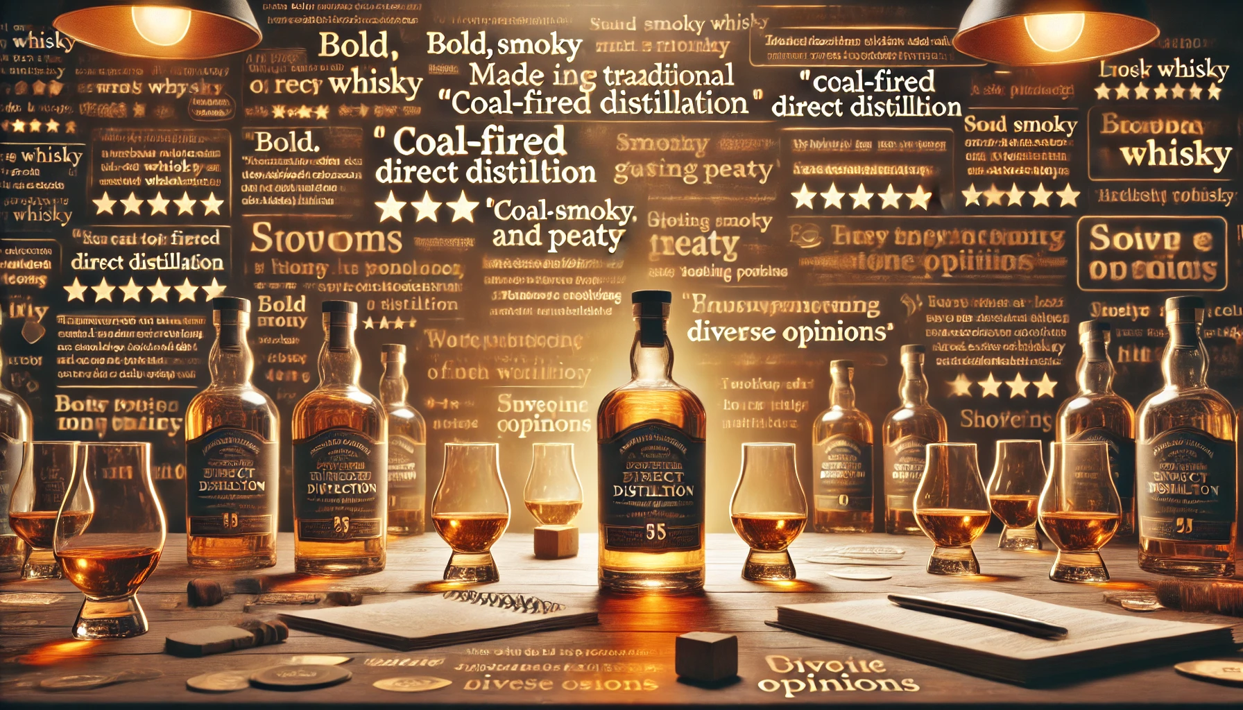 A scene depicting reviews and opinions about a whisky made using the traditional 'coal-fired direct distillation' method. The whisky is described as bold, smoky, and peaty. Various comments, both positive and negative, are seen in the background or displayed as text elements. The atmosphere shows a whisky-tasting room with bottles of whisky, tasting glasses, and notes scattered around. Warm tones, with a balance of neutral reviews and glowing praise, capturing diverse opinions.