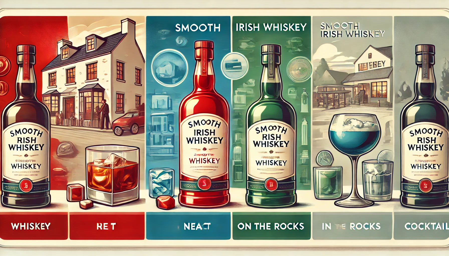 A scene depicting four rectangular bottles of whiskey in red, blue, green, and gray, representing smooth Irish whiskey. The image shows different ways to enjoy the whiskey, such as drinking it neat, on the rocks, or in a cocktail. The background includes elements like a cozy home, bar, and outdoor setting, highlighting various ways to savor the whiskey.