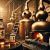 A detailed scene of a Japanese whisky distillery using the traditional 'coal-fired direct distillation' method, producing a bold, smoky, and peaty whisky. The image focuses on the equipment, such as copper pot stills heated by coal, and bottles of the finished whisky, ready for purchase. The overall atmosphere is industrial and traditional, with warm, earthy tones reflecting the heat and process.