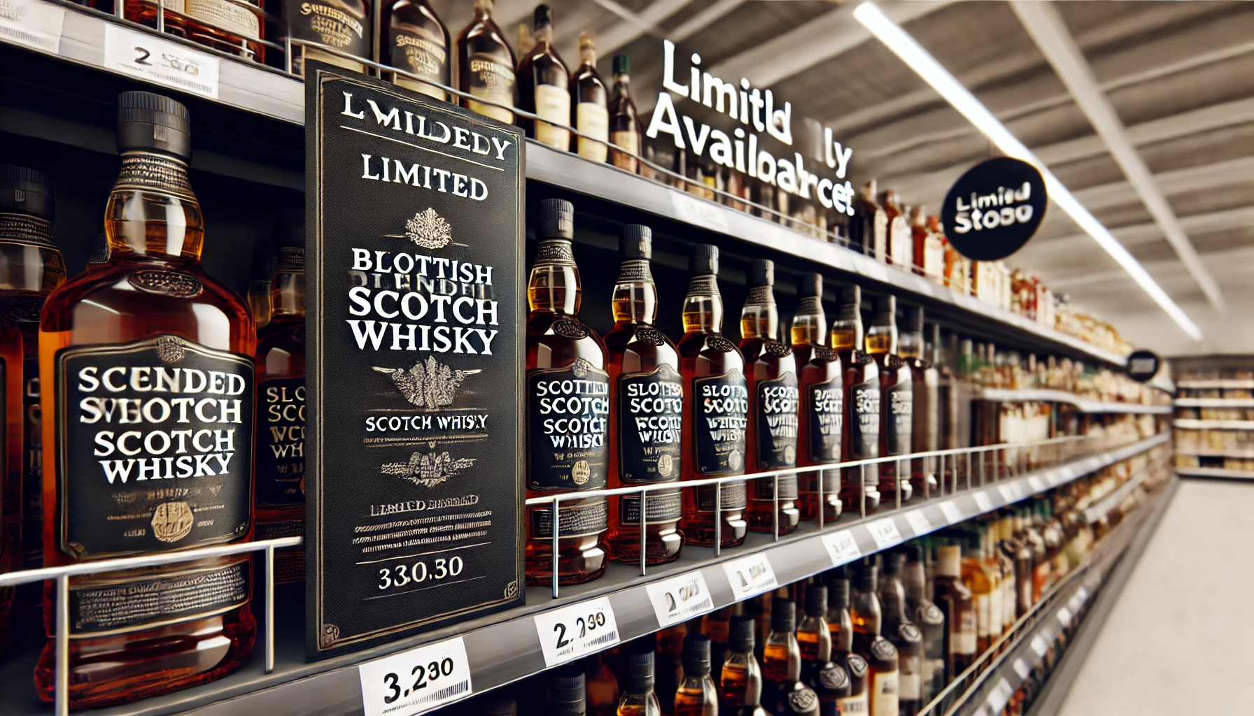 A Scottish blended Scotch whisky with a black label displayed on shelves in a supermarket or convenience store. The setting shows the limited availability in a specific supermarket or convenience group. A simple store environment with visible branding, bottles neatly aligned.