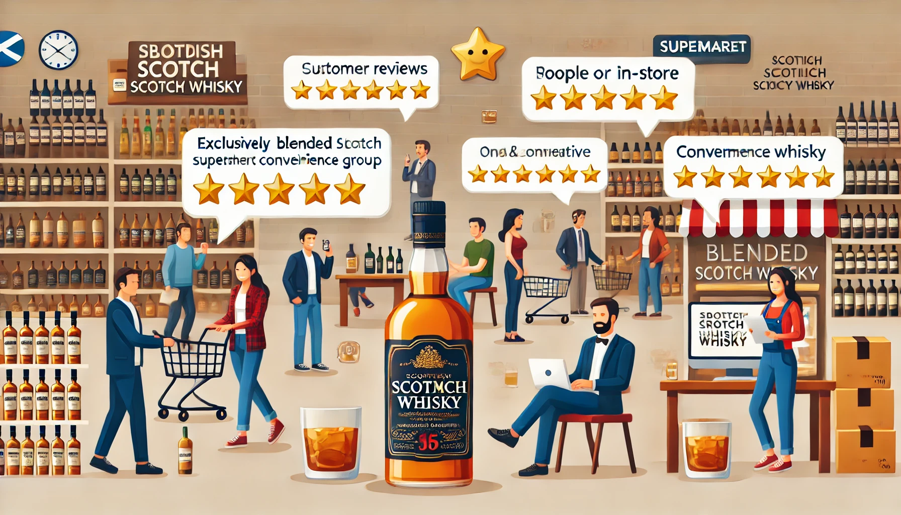 Various customer reviews and ratings of a Scottish blended Scotch whisky sold exclusively in a specific supermarket or convenience group. The setting shows people online and in-store discussing and rating the whisky, both positive and negative, with stars and comment bubbles appearing.