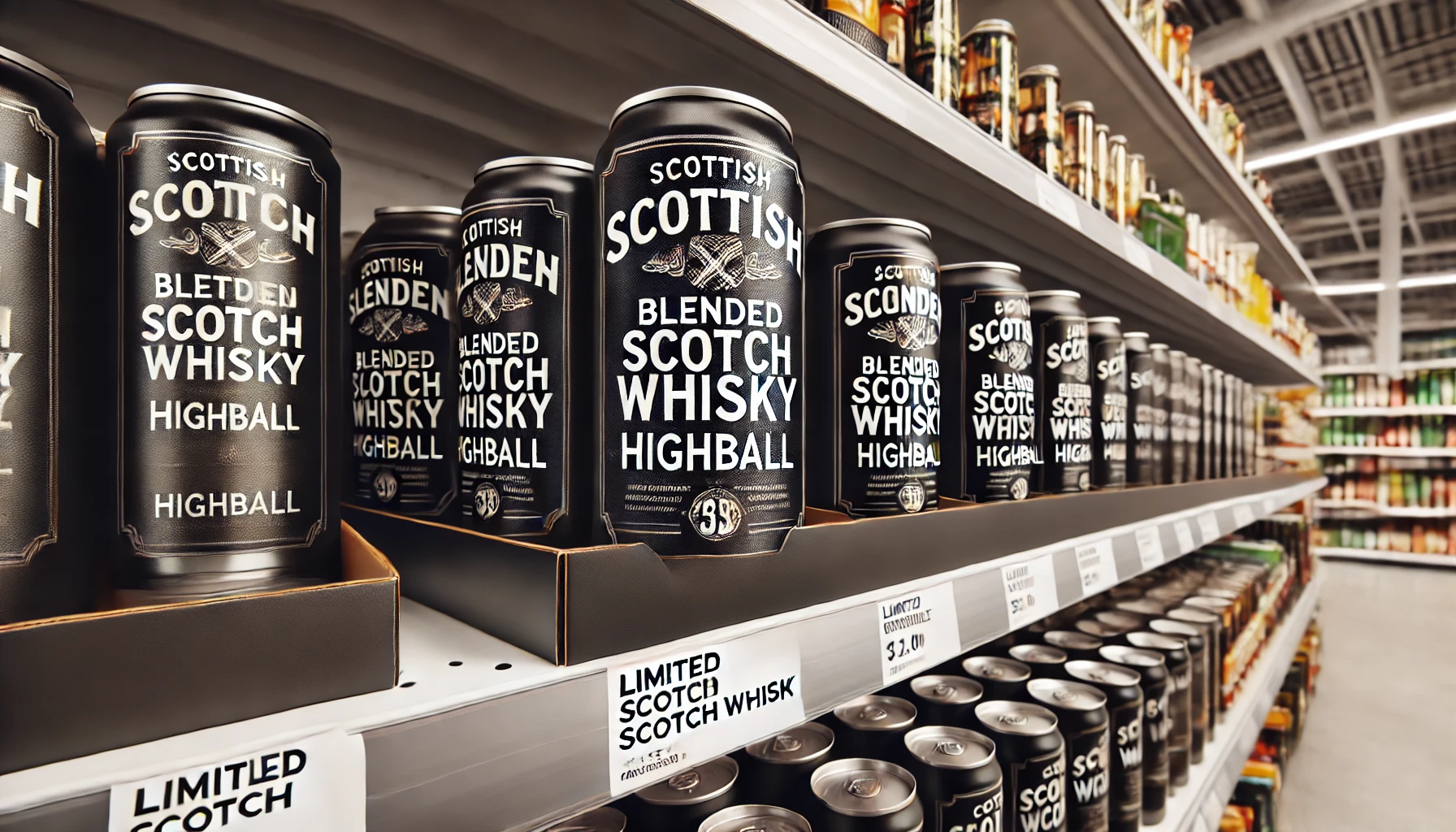 A Scottish blended Scotch whisky highball can with a black label displayed on shelves in a supermarket or convenience store. The setting shows its limited availability in a specific supermarket or convenience group. Simple store environment with visible branding, cans neatly aligned.