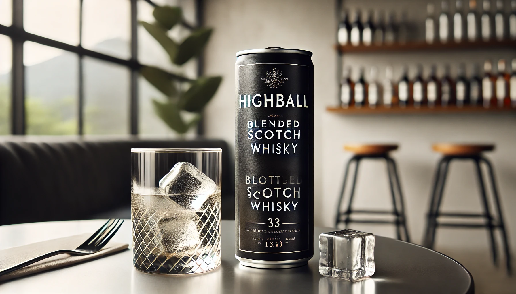 A Scottish blended Scotch whisky sold in a black highball can, displayed in a clean setting. The can features elegant black branding, with condensation, placed on a table with ice cubes and a glass nearby, suggesting it is ready to be enjoyed. Simple and stylish presentation.