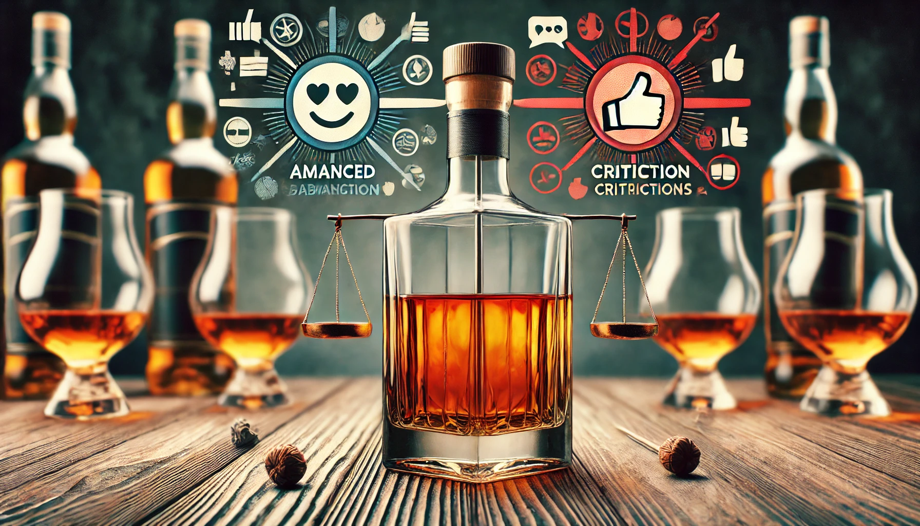 A whiskey bottle with a balanced, complex flavor profile, appealing to a wide audience, with two opposing opinions visually represented. One side shows admiration, the other shows criticism. The scene is set on a wooden table with glasses of whiskey, and abstract symbols showing the two-sided debate.