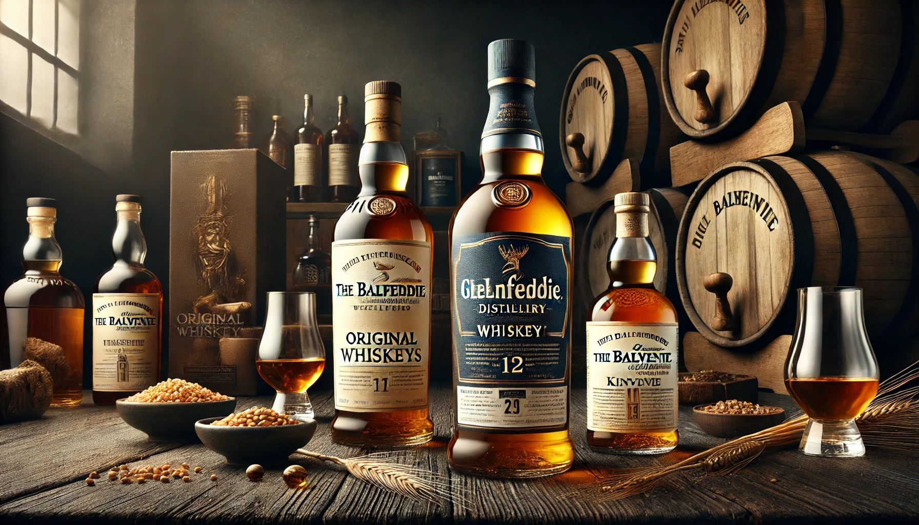 A whiskey bottle representing three distilleries' original whiskeys, set on a dark wooden table. The scene features elements from the Glenfiddich, Balvenie, and Kininvie distilleries, with a bottle in the center. The setting highlights the rich complexity of these whiskies, each with distinct characteristics, with hints of barrels and grains in the background.