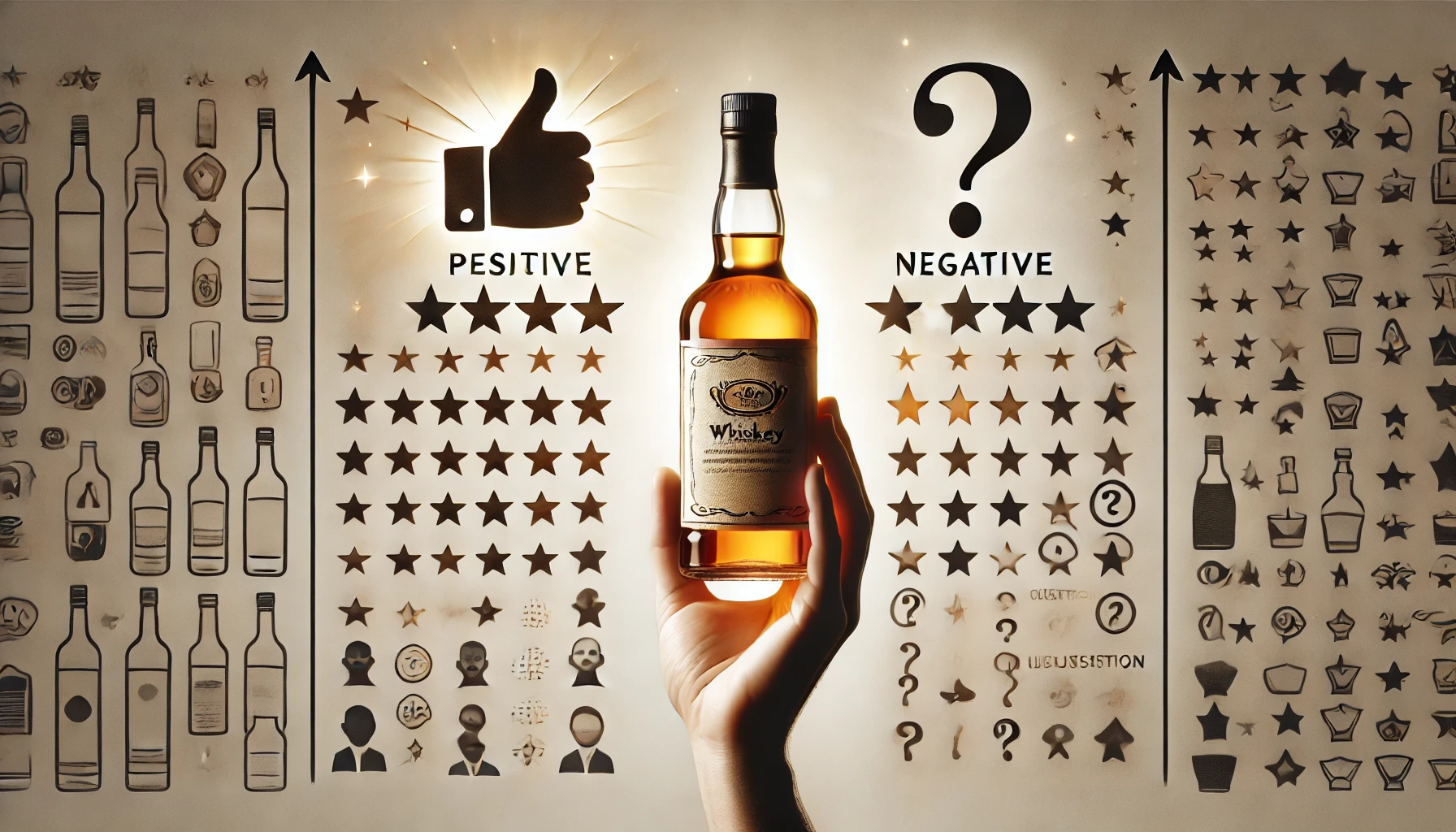 A depiction of a whiskey bottle with a balanced review concept, showing both positive and negative aspects. The image shows a hand holding a whiskey bottle with a clean, minimalist label. On one side, glowing positive reviews and symbols like a thumbs-up, and on the other side, subtle critiques like a question mark, reflecting a divided opinion about the whiskey. The background is neutral with light contrasts highlighting the whiskey bottle and reviews.