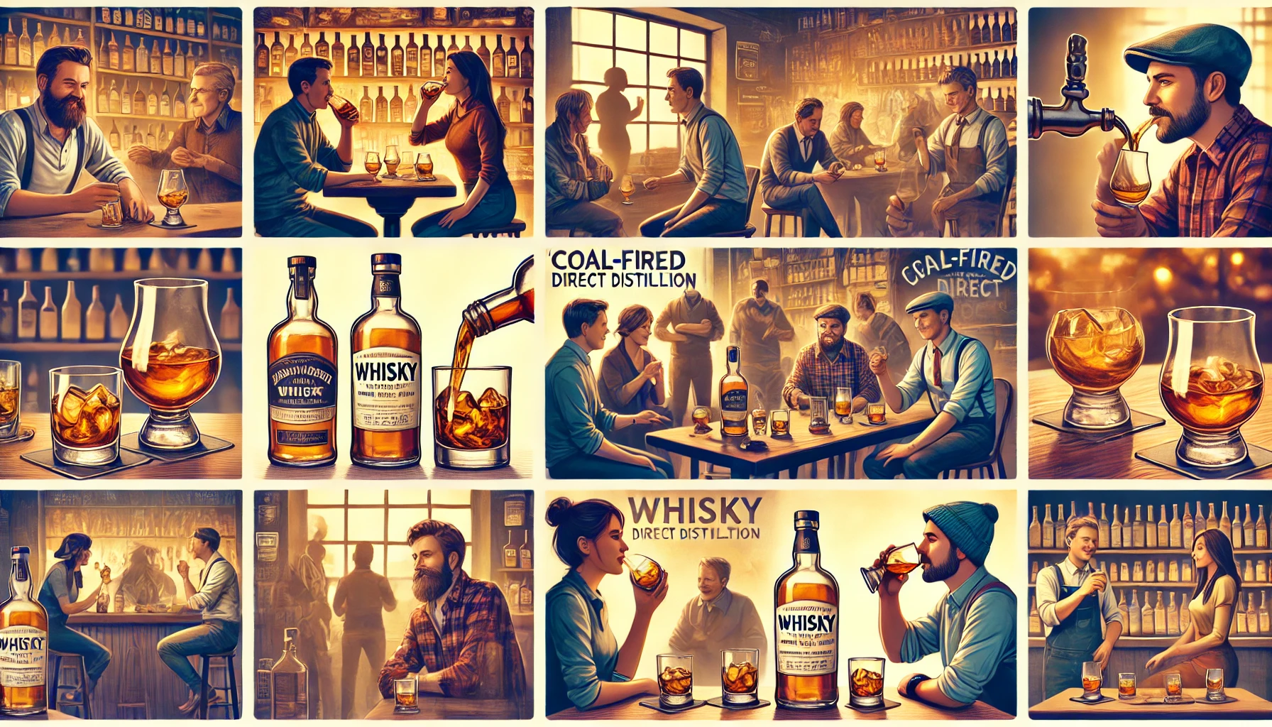 A lively scene showing different ways to enjoy whisky made using the traditional 'coal-fired direct distillation' method. The whisky is bold, smoky, and peaty, and people are seen enjoying it in various ways: in a cozy bar setting with some drinking it straight, others with whisky on the rocks, and some enjoying it in highball glasses. The atmosphere is warm, social, and inviting, with whisky bottles and glasses on tables, emphasizing the different styles of consumption.