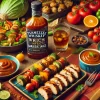 A creative image of an arrangement of dishes made with Tennessee whiskey-infused rich barbecue sauce. The scene features a variety of foods such as grilled chicken, vegetable skewers, and a side of smoky potato salad, all enhanced with the rich barbecue sauce. The presentation is artistic, with vibrant colors and a warm rustic dining table. The sauce bottle is prominently displayed beside the dishes, emphasizing the whiskey-infused flavor.