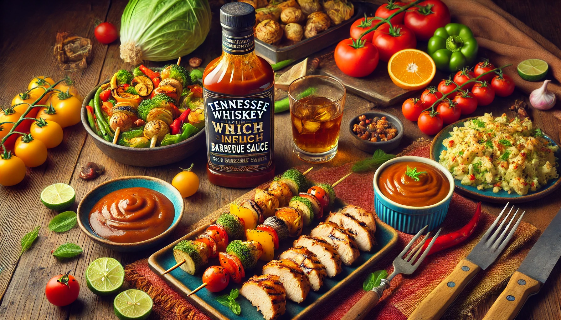 A creative image of an arrangement of dishes made with Tennessee whiskey-infused rich barbecue sauce. The scene features a variety of foods such as grilled chicken, vegetable skewers, and a side of smoky potato salad, all enhanced with the rich barbecue sauce. The presentation is artistic, with vibrant colors and a warm rustic dining table. The sauce bottle is prominently displayed beside the dishes, emphasizing the whiskey-infused flavor.