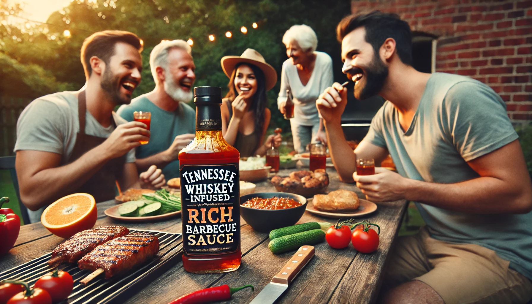 An image capturing the enjoyment of Tennessee whiskey-infused rich barbecue sauce. People are gathered around a backyard grill, sharing smiles, eating, and chatting. They are savoring the barbecue sauce with grilled meats and vegetables. The atmosphere is relaxed and joyful, with a sense of camaraderie. The sauce bottle is placed on a table, highlighting the rich and smoky flavor enjoyed by everyone.