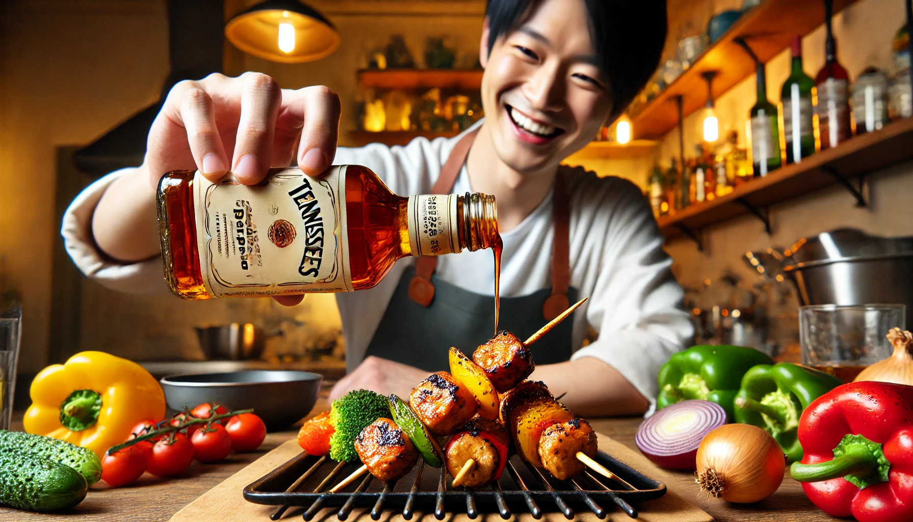 A kitchen scene where a Japanese chef is creating an original recipe using a Tennessee Whiskey barbecue sauce. The sauce is being drizzled over a plate of grilled vegetables and chicken skewers. The chef is smiling in the background, showing satisfaction. The setting is modern and warm, with vibrant ingredients like peppers and onions visible.