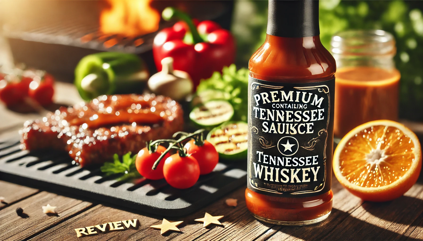 A close-up shot of a premium barbecue sauce bottle, labeled as containing Tennessee Whiskey, placed next to a freshly grilled steak and vegetables. The scene is bright and appealing, with the sauce glistening in the sunlight, showcasing a positive review atmosphere. The focus is on the sauce, with hints of the grill in the background.