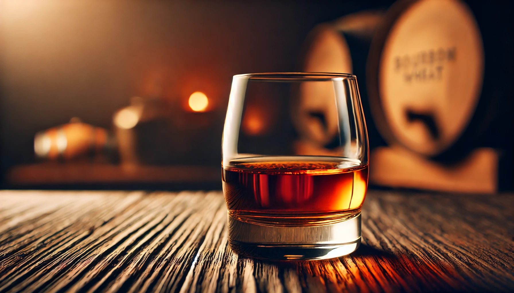 A glass of bourbon made from winter wheat, showcasing its smooth and silky texture, sitting on a wooden table. The atmosphere is warm, with soft lighting reflecting off the bourbon's amber color. A subtle background hint of a distillery or whiskey barrels, giving a sense of craftsmanship and tradition. No people are present, focusing solely on the drink and ambiance.