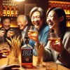 A gathering of Japanese whiskey enthusiasts enjoying winter wheat bourbon. The focus is on the joyful expressions of people sharing and savoring the drink in a cozy bar. The lighting is warm and inviting, and the table is filled with glasses of bourbon, creating a friendly and welcoming atmosphere. Bottles of bourbon can be seen in the background, enhancing the scene of enjoyment and camaraderie.