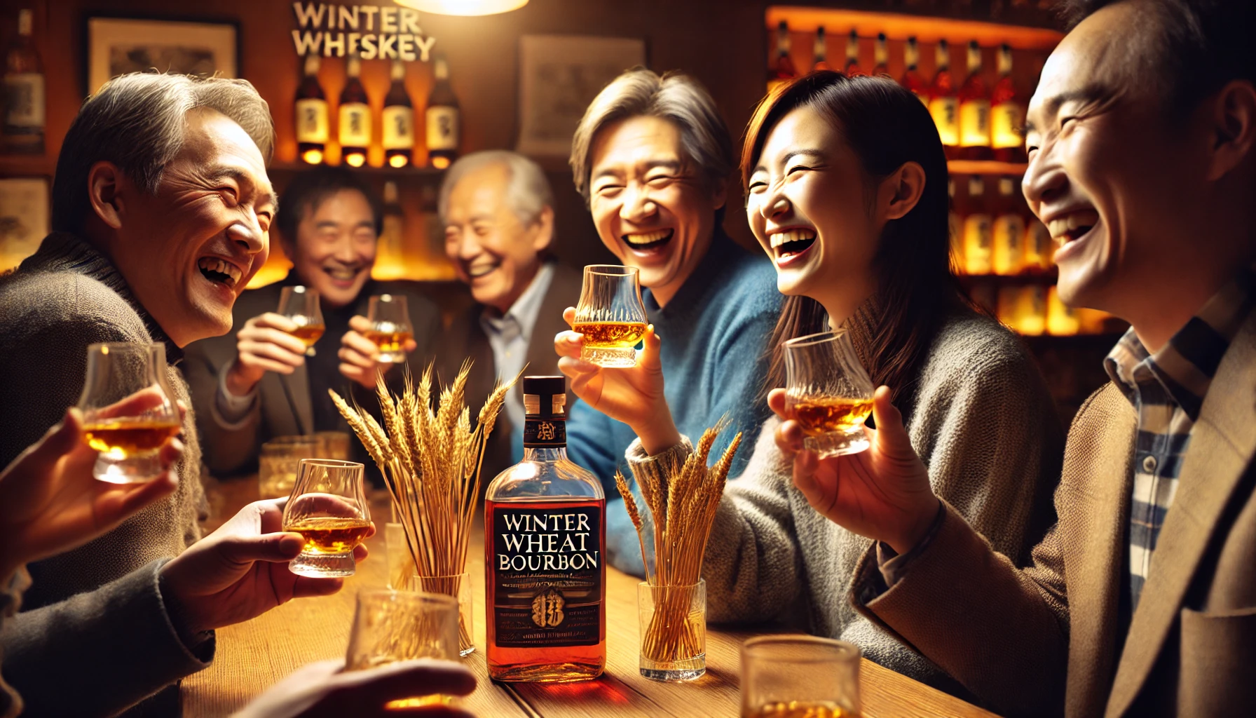 A gathering of Japanese whiskey enthusiasts enjoying winter wheat bourbon. The focus is on the joyful expressions of people sharing and savoring the drink in a cozy bar. The lighting is warm and inviting, and the table is filled with glasses of bourbon, creating a friendly and welcoming atmosphere. Bottles of bourbon can be seen in the background, enhancing the scene of enjoyment and camaraderie.