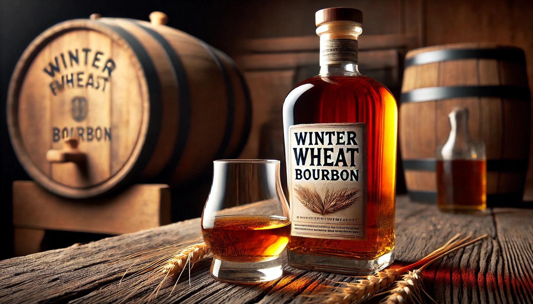 A visually appealing scene showcasing a bottle of winter wheat bourbon. The bottle is placed on a rustic table with a glass of bourbon beside it, capturing its rich amber hue. There is a close-up focus to highlight the smooth and silky texture associated with winter wheat bourbon. The setting is cozy, with hints of wooden barrels in the background, conveying a traditional and refined taste.