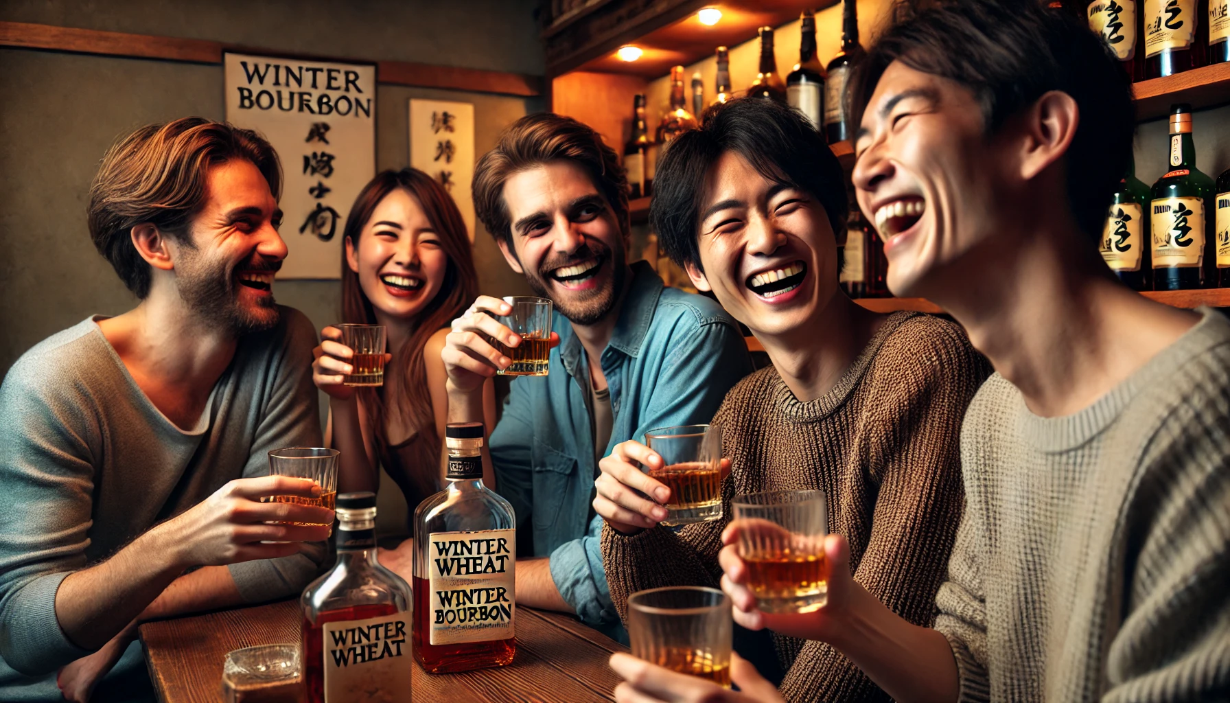 A group of friends in a cozy Japanese bar setting, having a good time while drinking winter wheat bourbon. The expressions on their faces are lively, as they laugh and enjoy the drinks together. The background includes shelves with various bottles, softly lit to create a warm and friendly atmosphere. The focus is on the enjoyment and social aspect of sharing bourbon among friends.