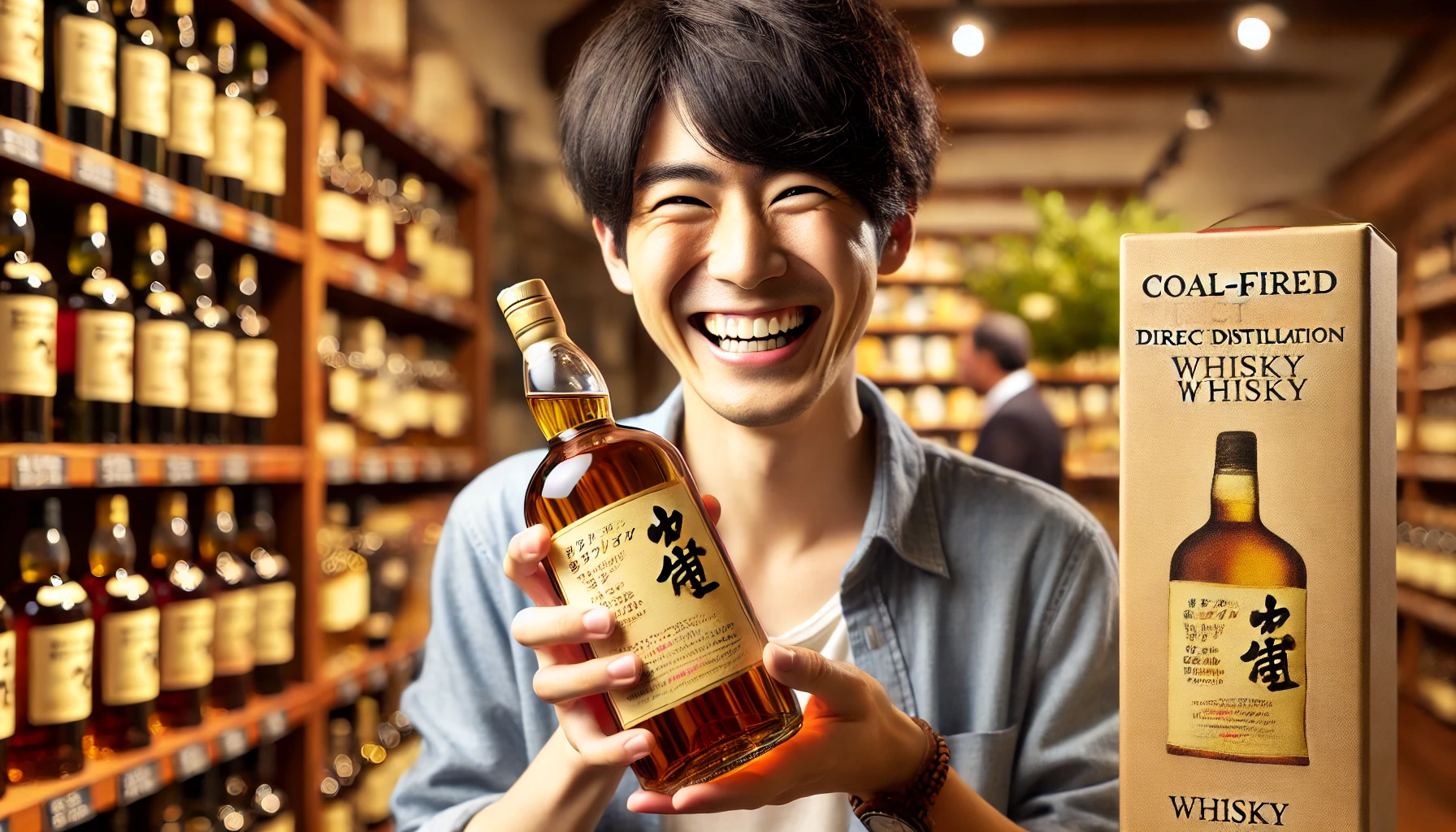 A joyful scene showing a Japanese person happily holding a bottle of whisky made using the traditional 'coal-fired direct distillation' method. The whisky is bold, smoky, and peaty, and the person is smiling in excitement after purchasing it. The background shows a whisky store with various bottles on display. The atmosphere is celebratory and warm, with a focus on the satisfaction of finally obtaining a rare bottle of whisky.