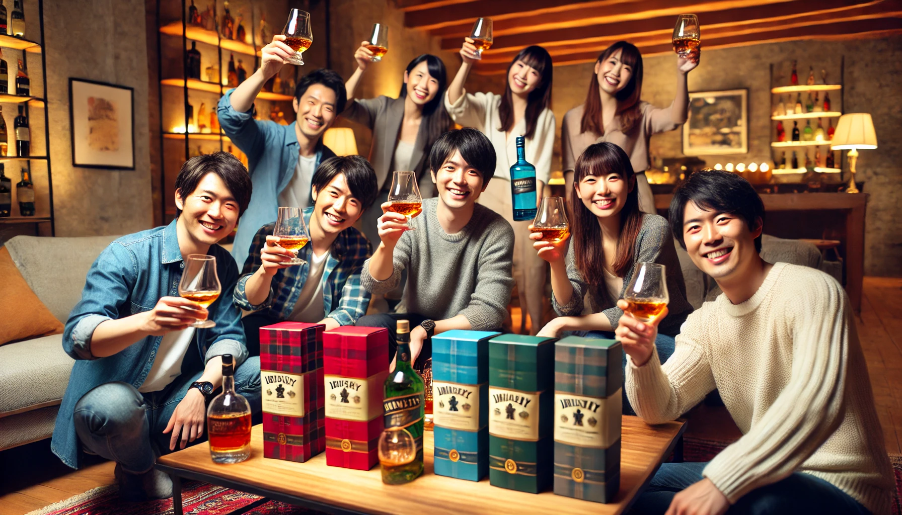 A group of Japanese people celebrating after obtaining rare Irish whiskey bottles in red, blue, green, and gray colors. The scene is set in a cozy, modern living room with warm lighting. They are smiling, holding the bottles with joy, and raising glasses to celebrate. The ambiance is lively, with a background of tasteful decor and a relaxed atmosphere.