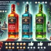 A scene showcasing four rectangular bottles of whiskey in red, blue, green, and gray, representing the smooth Irish whiskey character. The image highlights various reviews and feedback from whiskey enthusiasts, with symbols like stars, speech bubbles, and thumbs-up to emphasize the positive ratings and evaluations. The background shows people enjoying the whiskey at a bar or home setting.