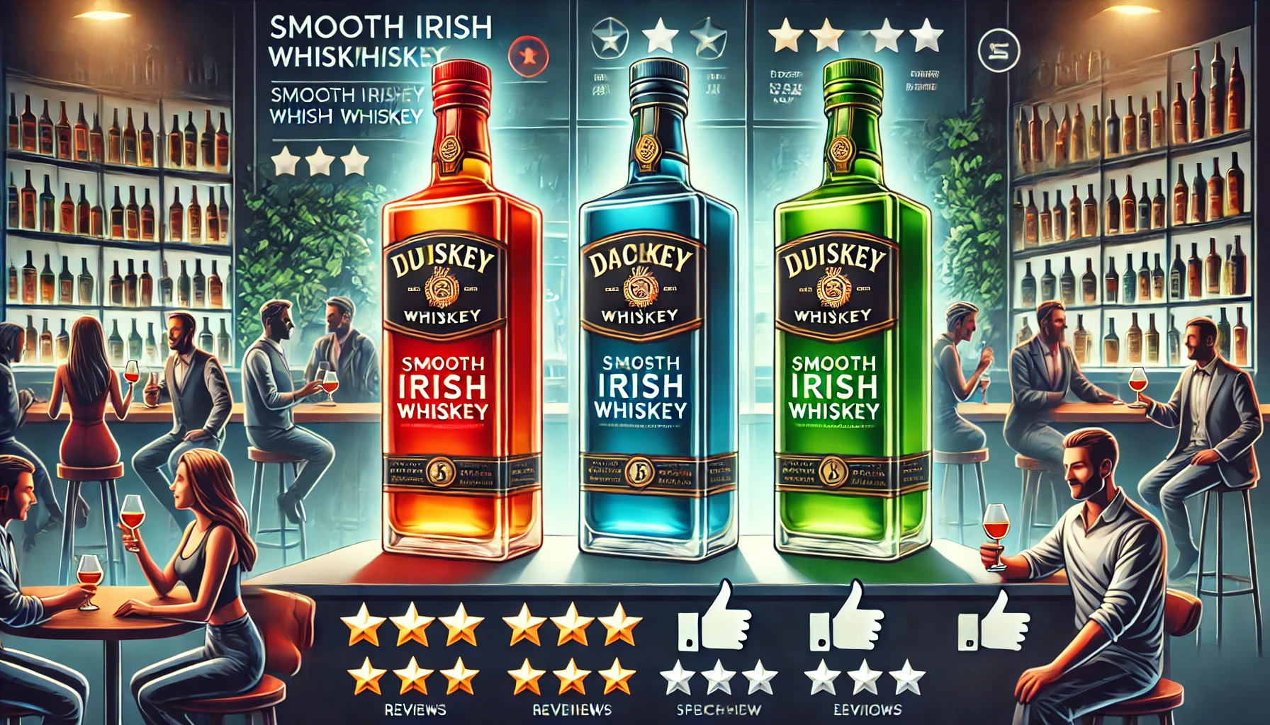 A scene showcasing four rectangular bottles of whiskey in red, blue, green, and gray, representing the smooth Irish whiskey character. The image highlights various reviews and feedback from whiskey enthusiasts, with symbols like stars, speech bubbles, and thumbs-up to emphasize the positive ratings and evaluations. The background shows people enjoying the whiskey at a bar or home setting.