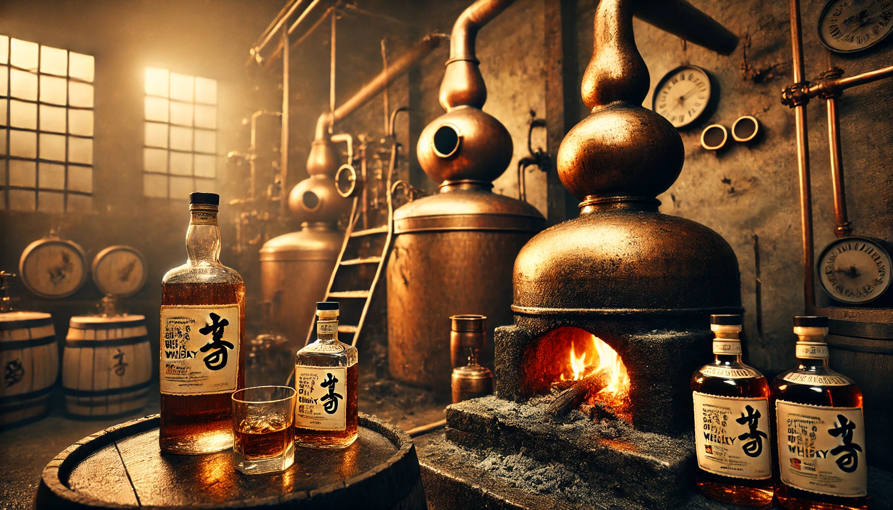 A detailed scene of a Japanese whisky distillery using the traditional 'coal-fired direct distillation' method, producing a bold, smoky, and peaty whisky. The image focuses on the equipment, such as copper pot stills heated by coal, and bottles of the finished whisky, ready for purchase. The overall atmosphere is industrial and traditional, with warm, earthy tones reflecting the heat and process.