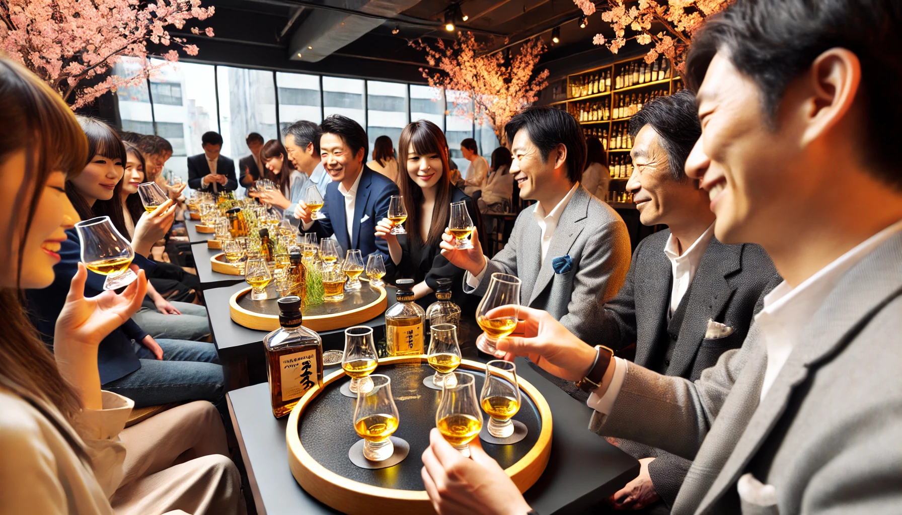 A whiskey tasting event showcasing people enjoying Japanese-inspired whiskey. The setting includes a modern bar with cherry blossom decorations. There are a few Japanese individuals enjoying their drinks, discussing the unique flavors of the whiskey. The focus is on the lively yet sophisticated atmosphere, with the people smiling and appearing engaged with the whiskey experience.