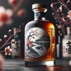 A high-quality, evocative image of a whiskey bottle with a distinct Japanese design, featuring elements like cherry blossoms or traditional Japanese symbols to represent the blend of whiskey with Japanese culture. The focus is on showcasing the uniqueness and the elegance of the whiskey bottle, captured in a tasteful and sophisticated way.