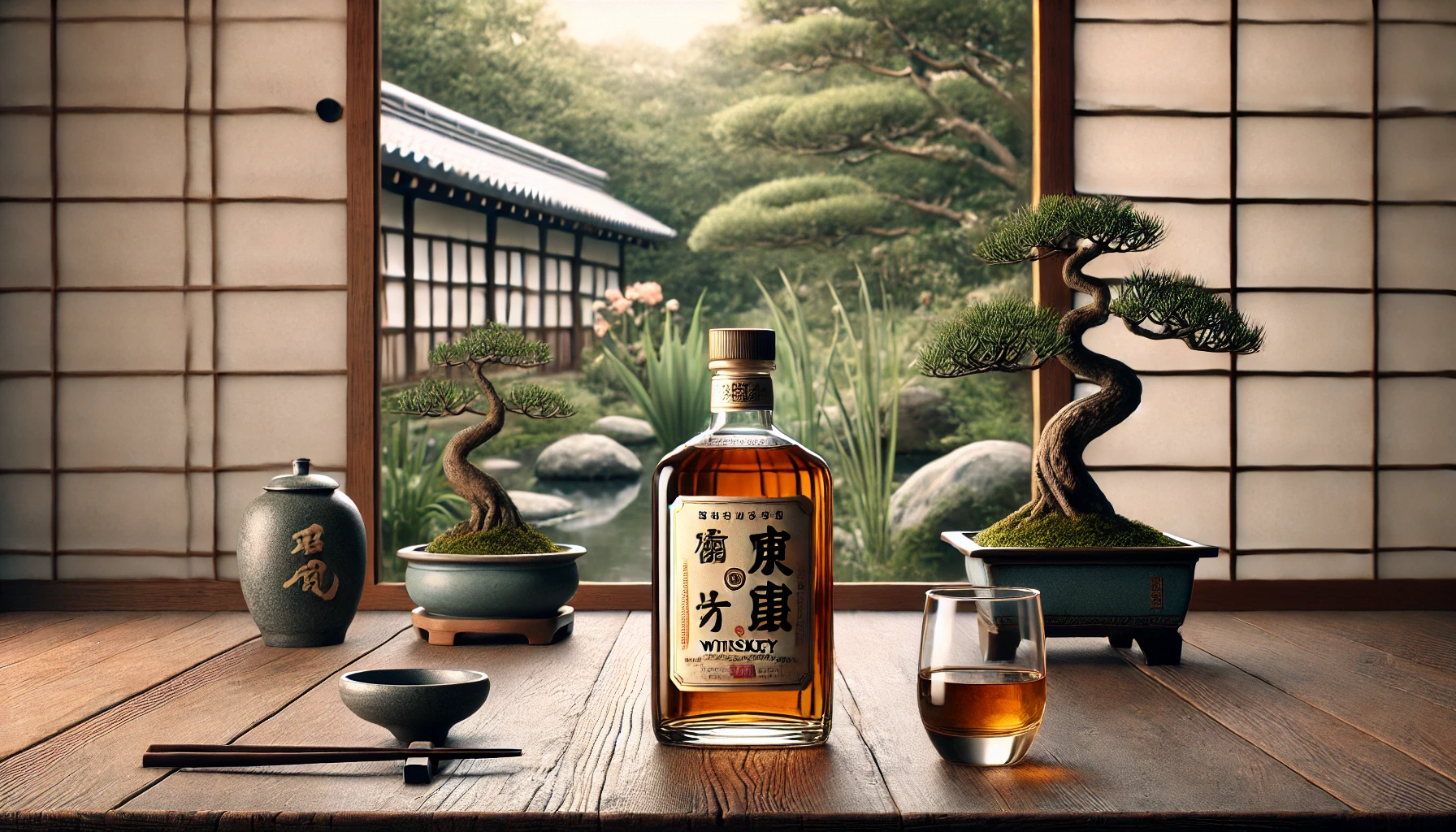 A serene and elegant scene of a whiskey bottle on a traditional Japanese wooden table, surrounded by subtle decorations like bonsai trees and an old-style Japanese window showing a garden. The whiskey bottle should have a label that signifies a blend of Japanese culture, with elements that evoke the concept of a unique, elegant flavor. The setting should be calm and refined, highlighting the allure of Japanese whiskey.