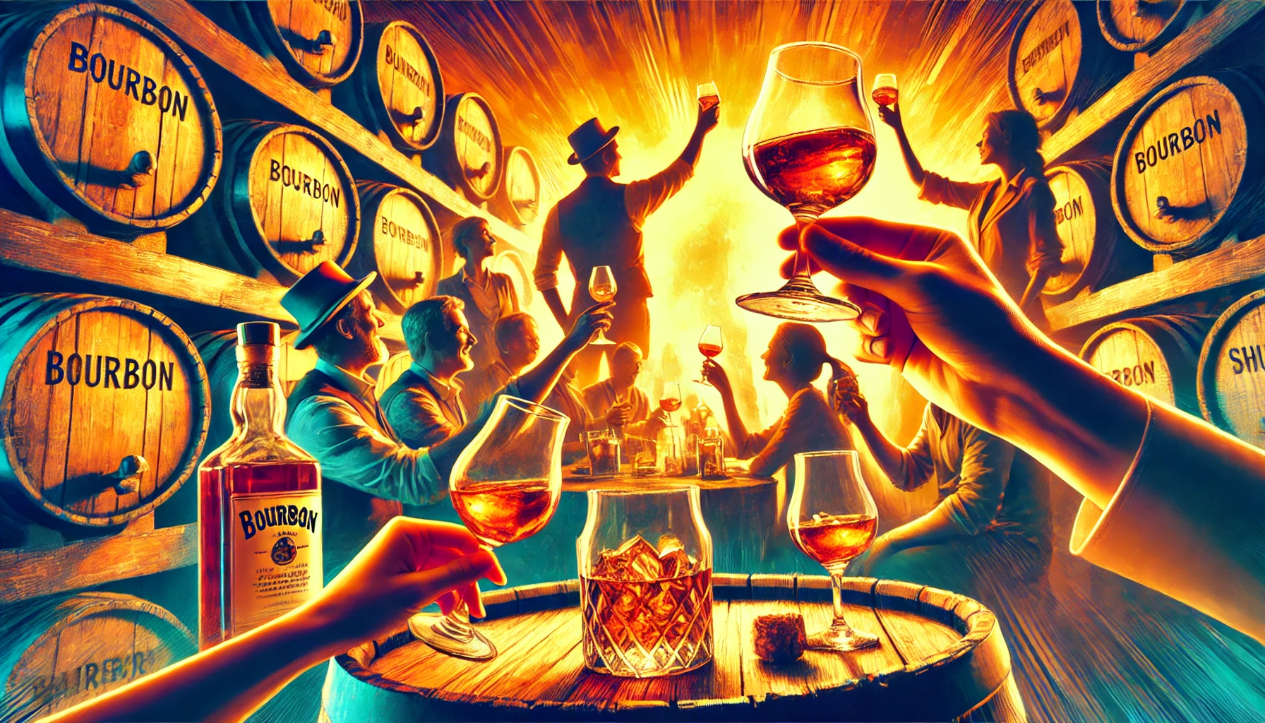 A vibrant scene of people enjoying whiskey with bourbon and sherry barrels in the background, highlighting the joy and camaraderie it brings. The setting is warm, with glasses raised in a toast, and the image is 16:9 horizontal.