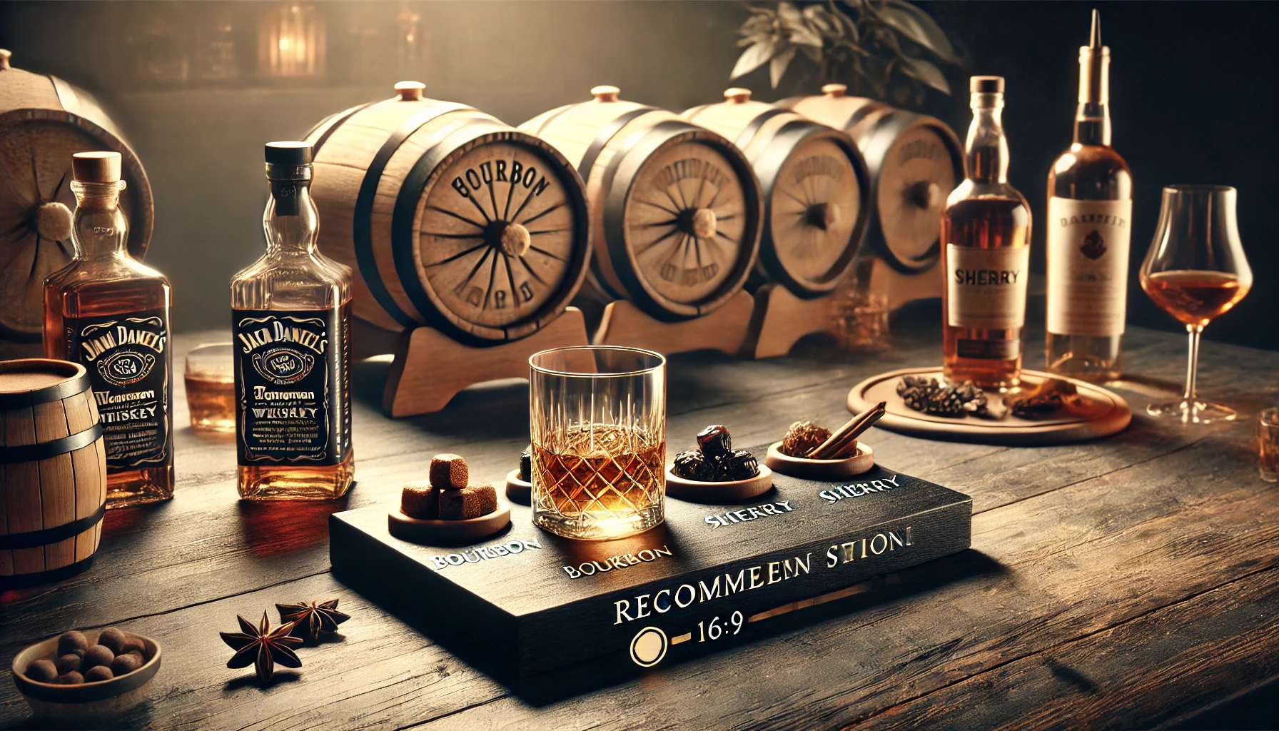 A recommendation scene showcasing premium whiskey with bourbon and sherry barrels, elegantly displayed on a tasting table. The atmosphere is luxurious, with a 16:9 horizontal ratio, emphasizing the whiskey's balanced and complex qualities.