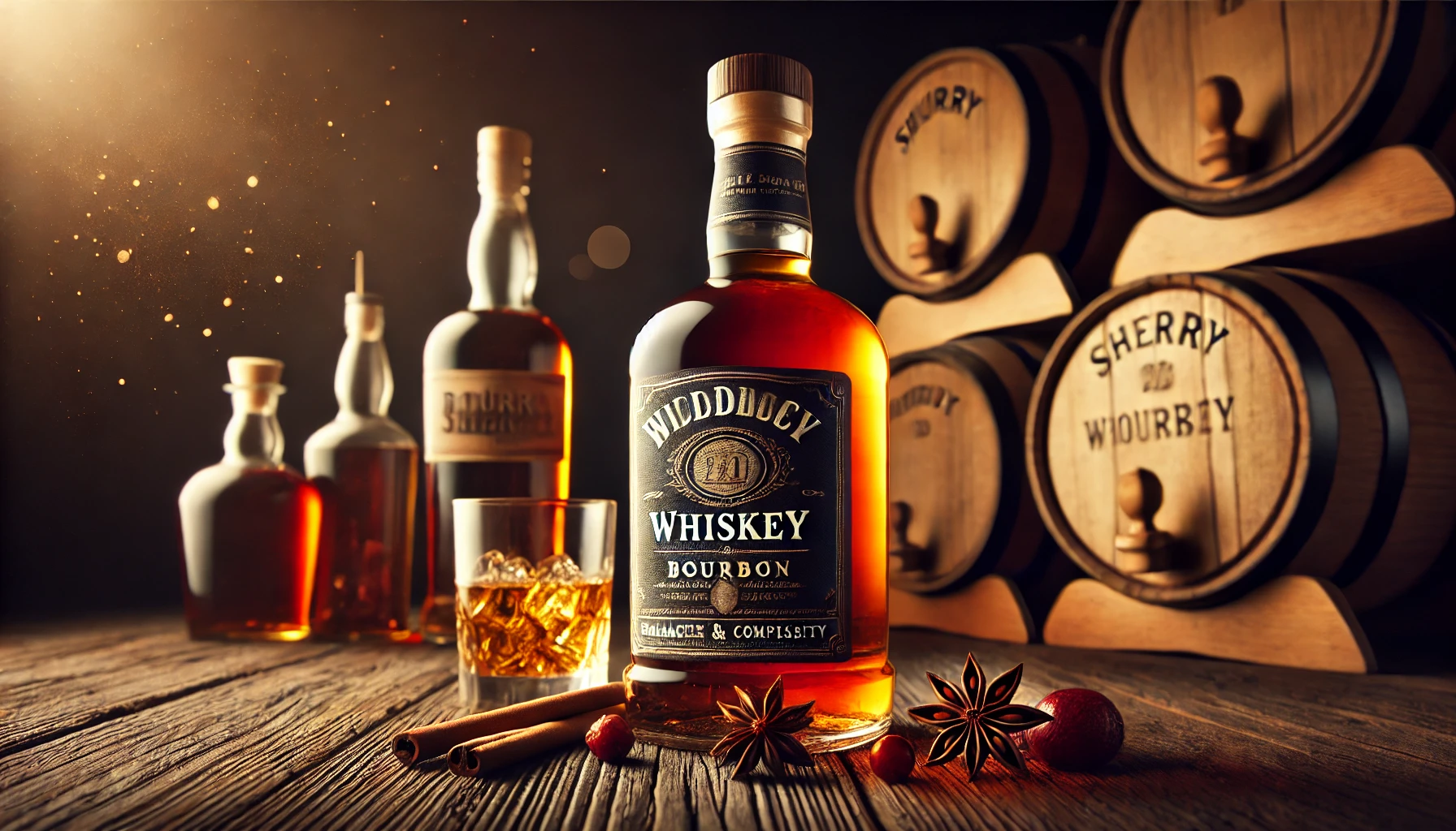 A popular whiskey bottle with bourbon and sherry barrels in the background, symbolizing balance and complexity. The image is 16:9 horizontal, showcasing the whiskey's popularity with a warm, inviting ambiance.