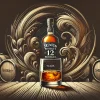 A visually striking illustration of a premium whiskey with bourbon and sherry barrels in the background, symbolizing balance and complexity achieved over 12 years of aging. The image is horizontal, 16:9 ratio, and captures a luxurious and refined atmosphere.