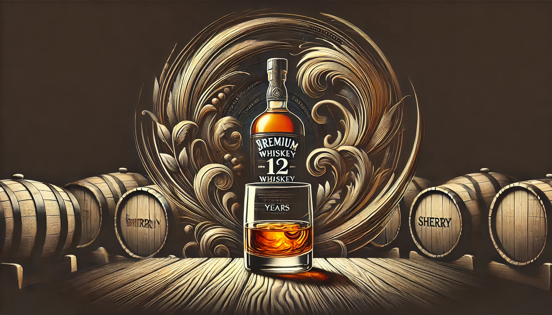 A visually striking illustration of a premium whiskey with bourbon and sherry barrels in the background, symbolizing balance and complexity achieved over 12 years of aging. The image is horizontal, 16:9 ratio, and captures a luxurious and refined atmosphere.