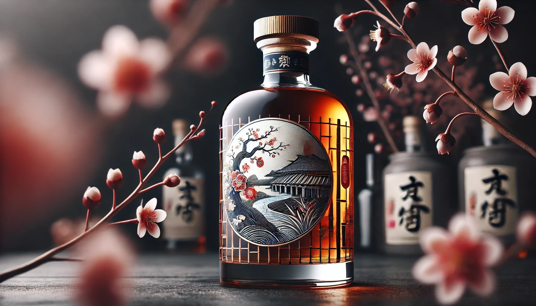 A high-quality, evocative image of a whiskey bottle with a distinct Japanese design, featuring elements like cherry blossoms or traditional Japanese symbols to represent the blend of whiskey with Japanese culture. The focus is on showcasing the uniqueness and the elegance of the whiskey bottle, captured in a tasteful and sophisticated way.