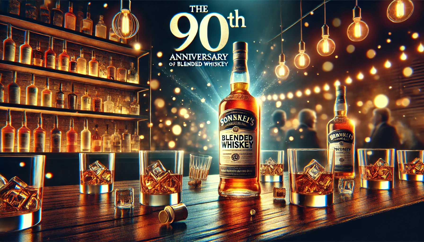 A promotional scene celebrating the 90th anniversary of a blended whiskey brand, highlighting its widespread popularity and discussions. A vibrant, modern bar setting with the whiskey bottle prominently displayed, surrounded by clinking glasses and warm lighting, symbolizing its growing buzz. The image is horizontal with a 16:9 aspect ratio.