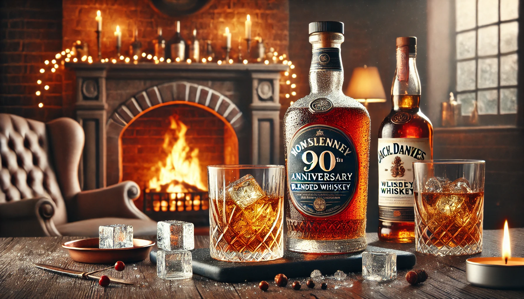 A scene showcasing how to enjoy a 90th-anniversary blended whiskey, featuring an elegant table setting with a whiskey glass, ice, and a splash of soda alongside the bottle. The ambiance includes a cozy fireplace in the background, evoking relaxation and enjoyment. The image is horizontal with a 16:9 aspect ratio.