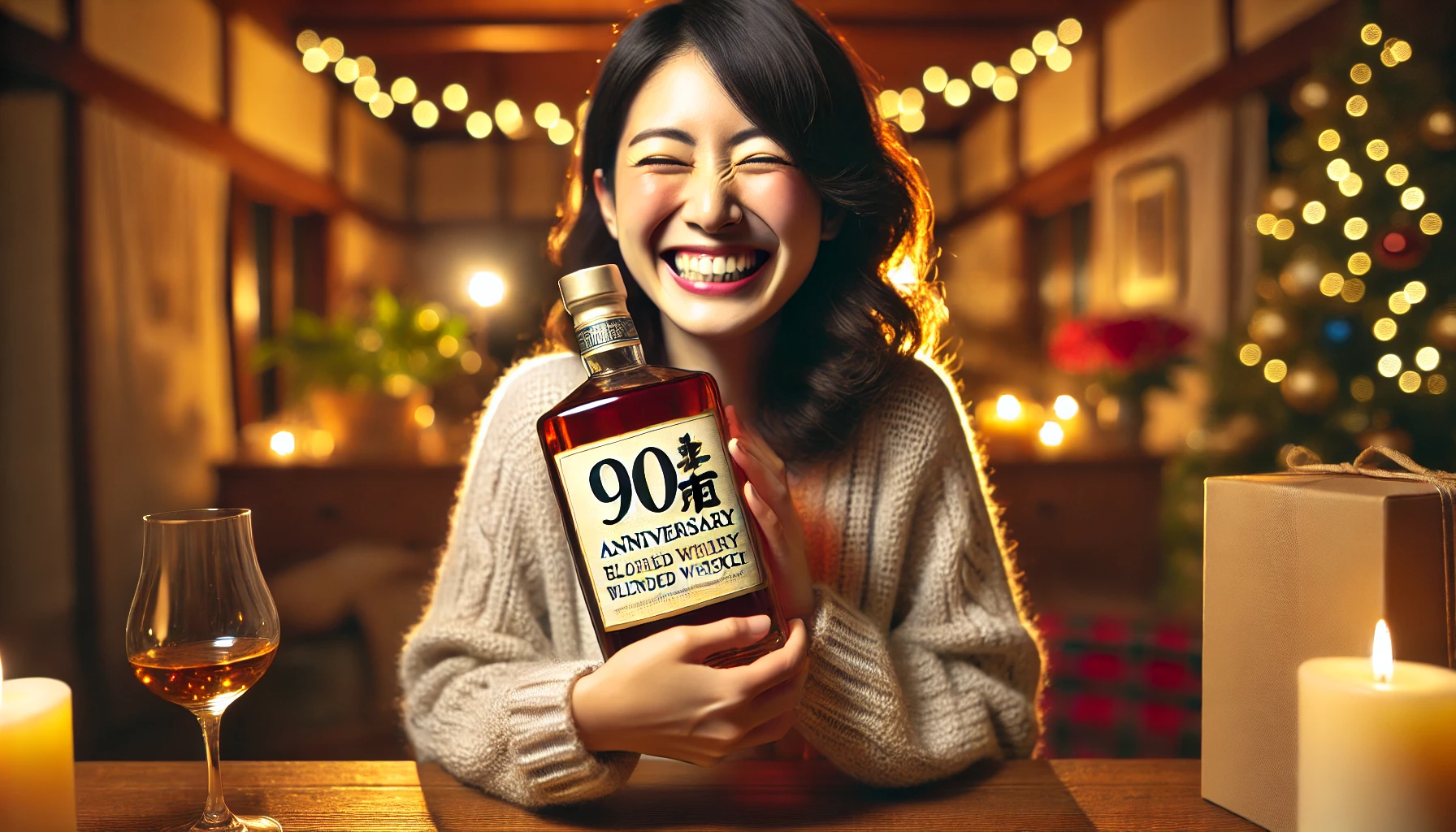 A joyful moment of a Japanese person holding a 90th-anniversary blended whiskey bottle, smiling with excitement. The setting is a cozy home with warm lighting and festive decorations, capturing the happiness of acquiring a prized bottle. The image is horizontal with a 16:9 aspect ratio.