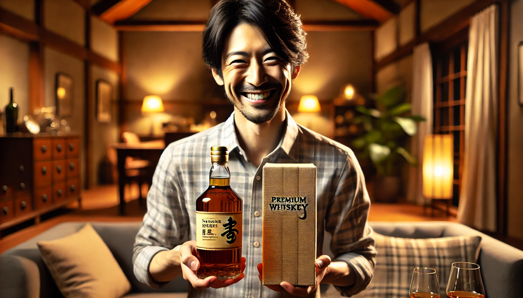 A Japanese man holding a premium whiskey bottle with a big smile in a cozy home setting, celebrating his successful acquisition of the whiskey. The background features warm lighting and hints of luxury, emphasizing the joy of obtaining this sought-after whiskey. (16:9 aspect ratio, horizontal)