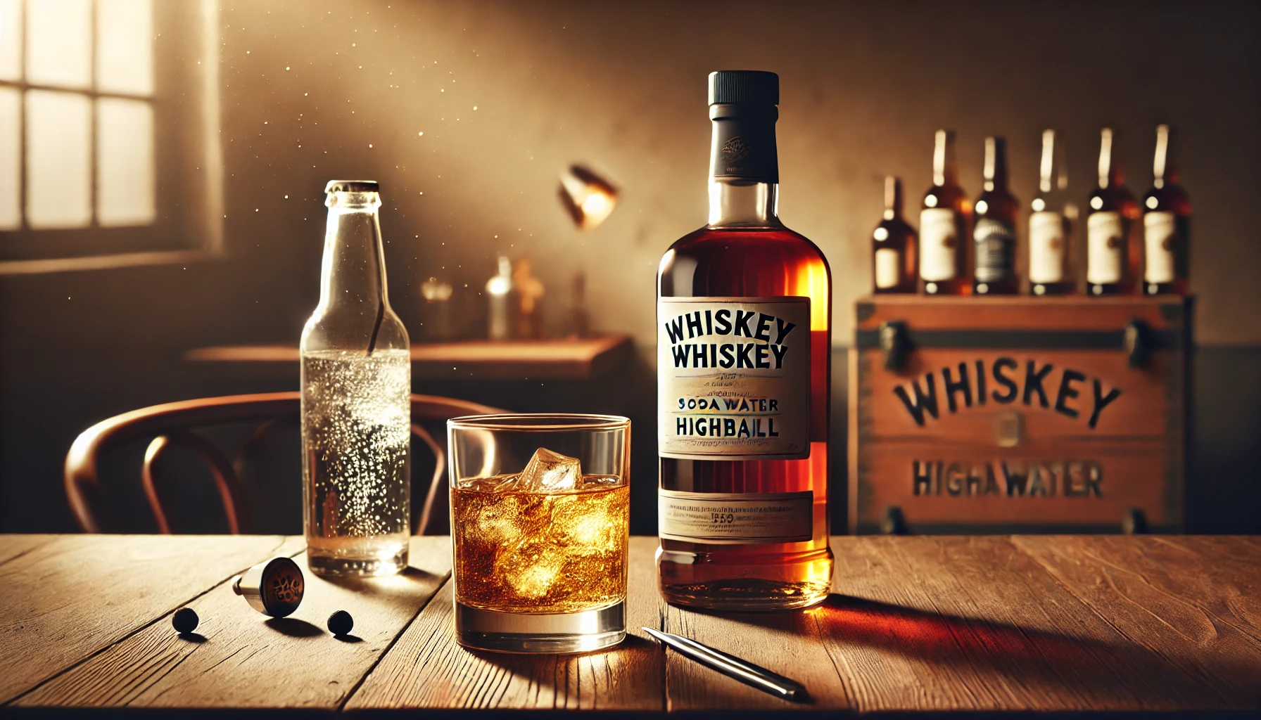 A whiskey bottle placed on a wooden table with a glass of whiskey and soda water beside it, depicting the joy of enjoying whiskey as a highball. The setting is warm, inviting, and designed to emphasize the relaxed atmosphere of enjoying whiskey with friends or alone. (16:9 aspect ratio, horizontal)