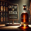 A rare whiskey bottle on a dimly lit shelf with an 'out of stock' sign, emphasizing the exclusivity and difficulty of acquiring this unique whiskey. The scene includes subtle highlights to showcase the bottle’s premium quality, with an air of mystery and desire surrounding it. (16:9 aspect ratio, horizontal)