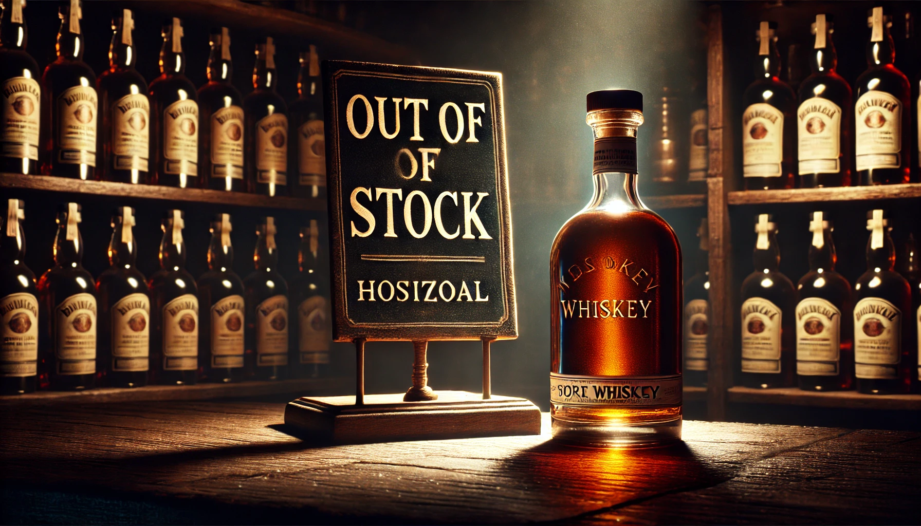 A rare whiskey bottle on a dimly lit shelf with an 'out of stock' sign, emphasizing the exclusivity and difficulty of acquiring this unique whiskey. The scene includes subtle highlights to showcase the bottle’s premium quality, with an air of mystery and desire surrounding it. (16:9 aspect ratio, horizontal)