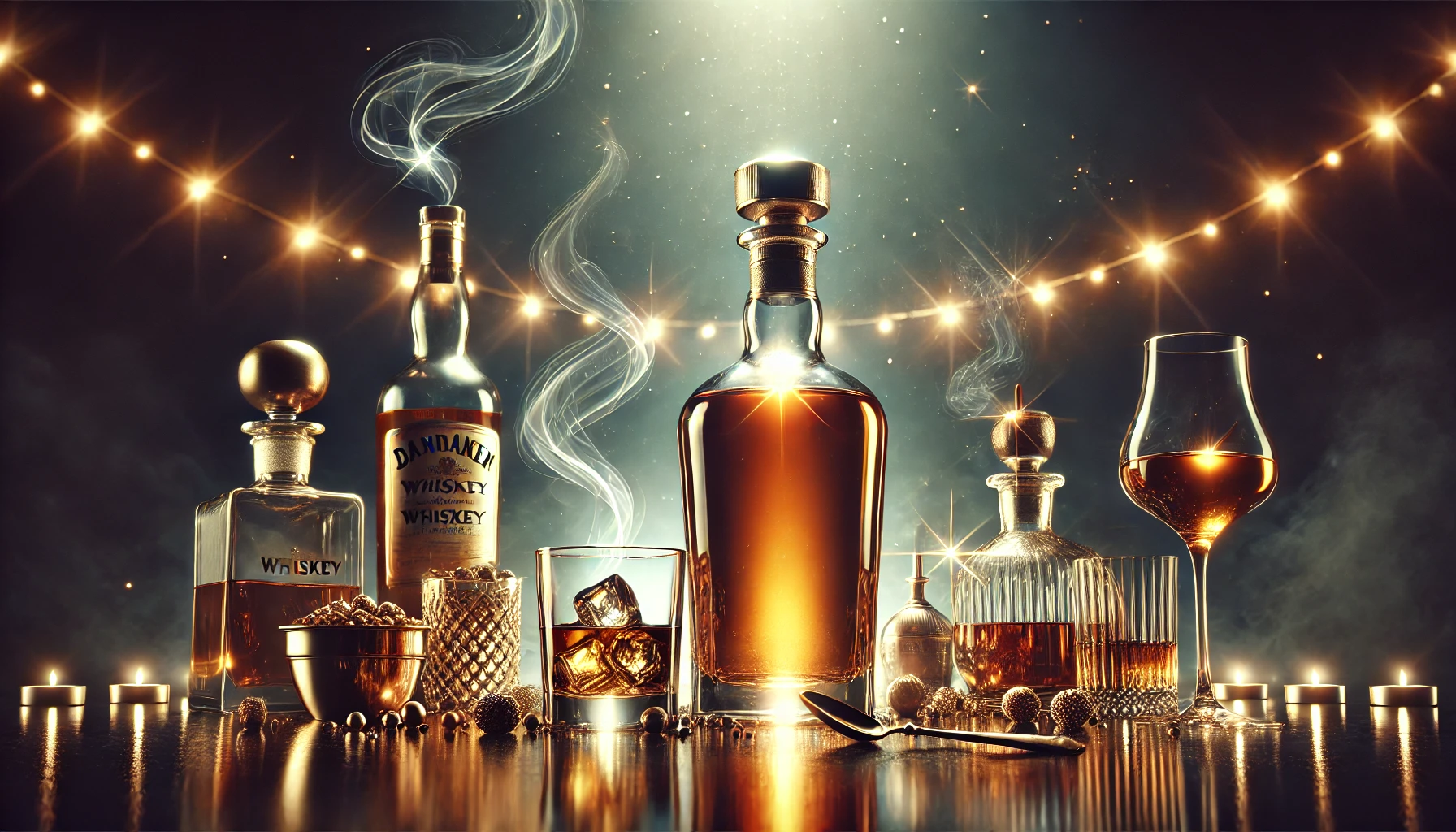 A premium whiskey bottle displayed with glowing lights, surrounded by elegant glassware and subtle steam effects, symbolizing high-quality whiskey and positive reviews. The scene is luxurious and focuses on the whiskey’s refined qualities, emphasizing a smooth and complex flavor profile. (16:9 aspect ratio, horizontal)