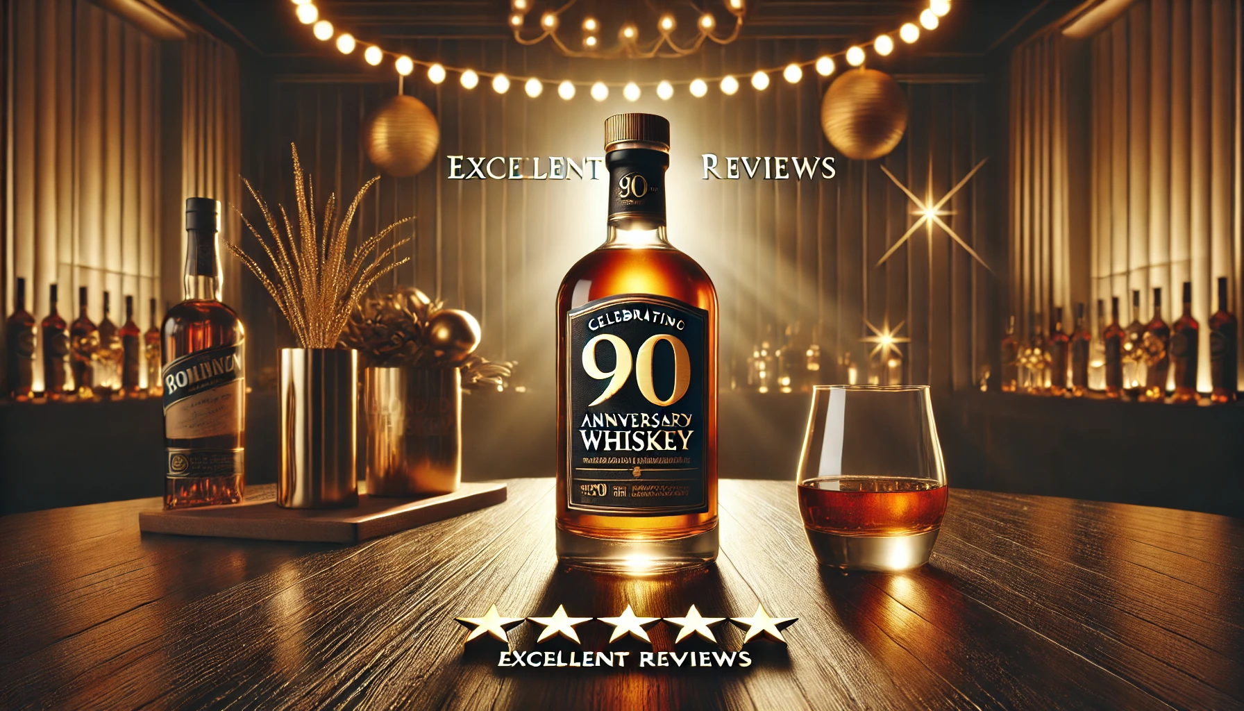 A premium bottle of blended whiskey celebrating the 90th anniversary of its brand, with a luxurious setup showcasing glowing reviews. The bottle is elegantly placed on a polished wooden table with a backdrop of warm ambient lighting. The scene exudes a sense of quality and celebration, perfect for showcasing excellent feedback. The image is horizontal with a 16:9 aspect ratio.